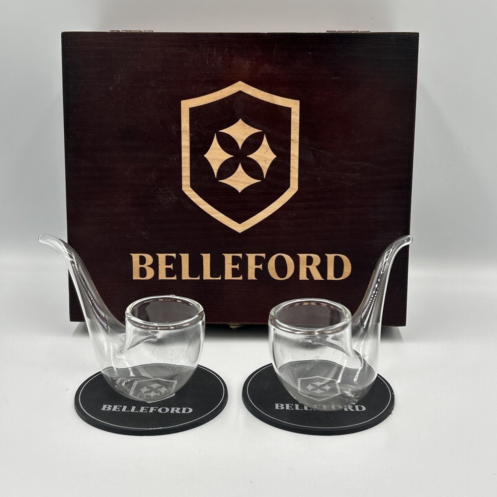 Belleford Glass Whisky Brandy‎ Sipper Set Of 2 Pipe Bar Man Cave Wooden Box